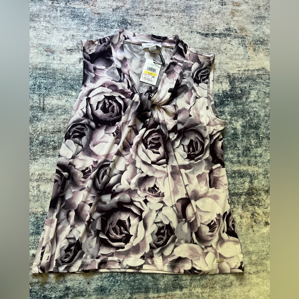 Calvin Klein Women's Rose Print Sleeveless Business Casual Blouse NWT
